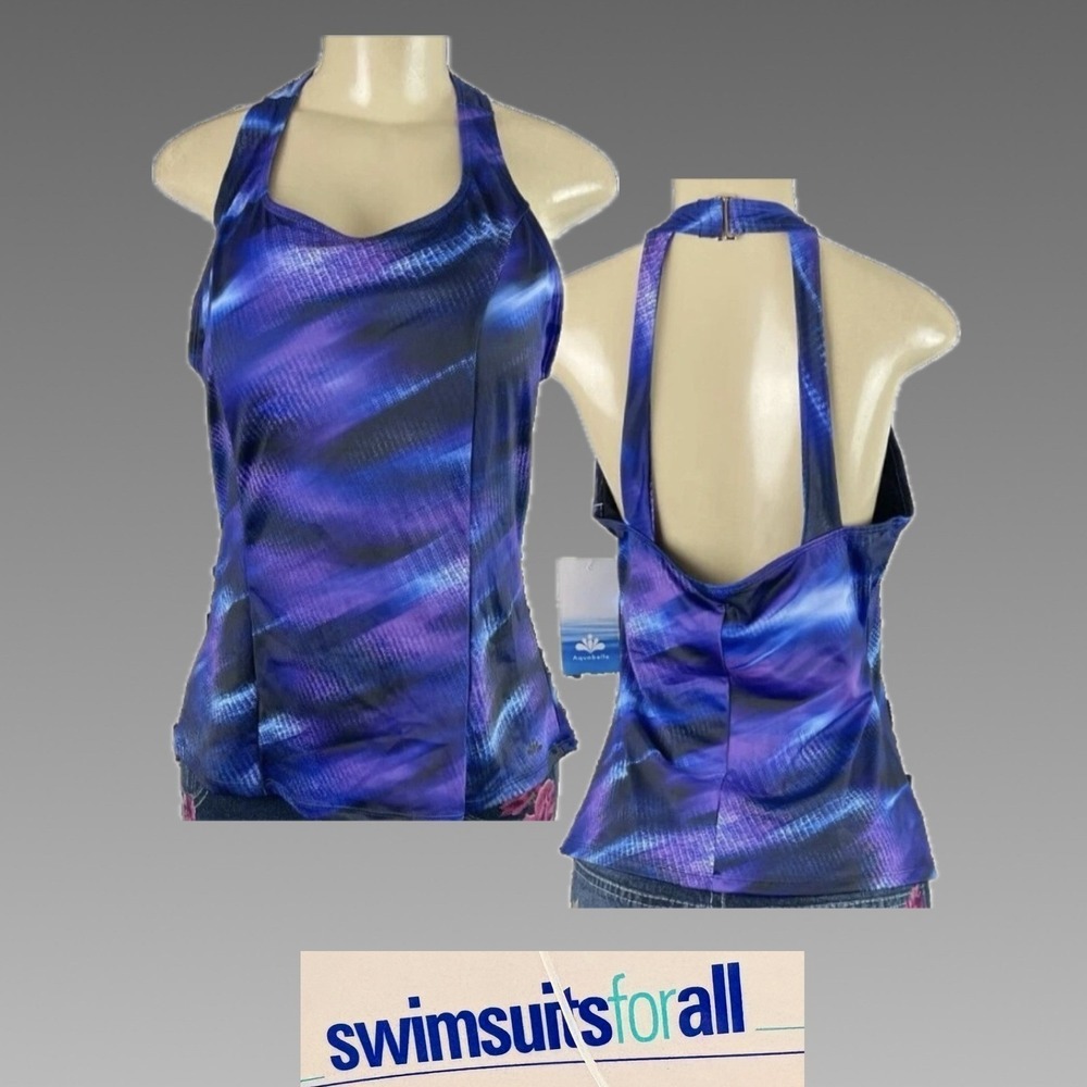 Swimsuits For All 14  Purple Brushstroke Print Halter Tankini Swim Top Open Back